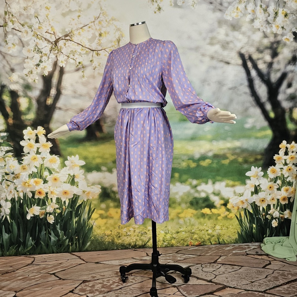 Vintage 1980's Dress Lilac Purple Print Long Sleeve Silky Retro Button Front‎ - Picture 9 of 12